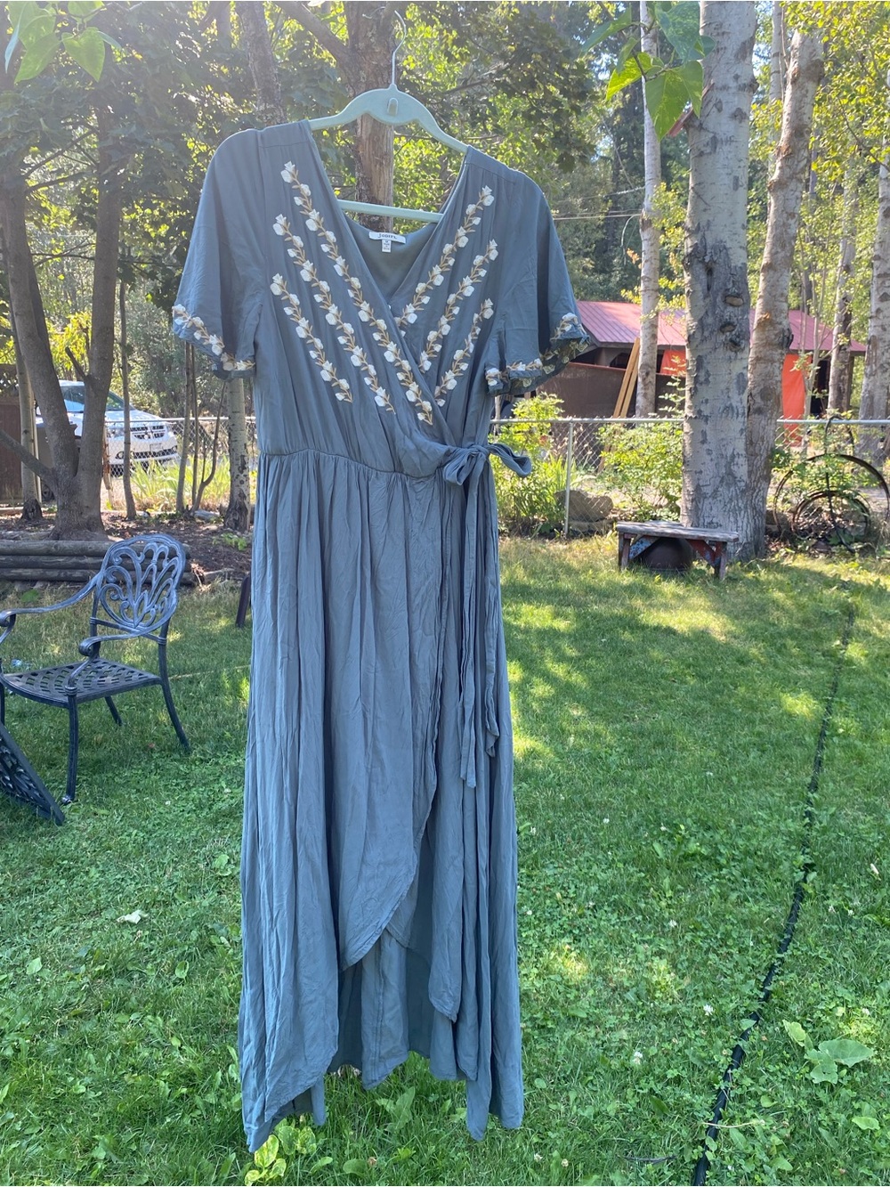 JODIFL Slate Blue Embroidered Wrap Maxi Dress